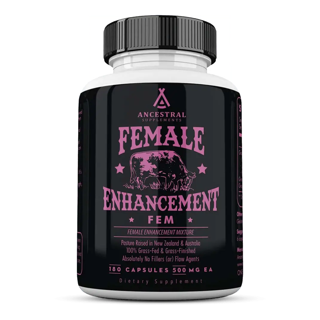 A bottle of Ancestral Supplements Female Enhancement dietary capsules.