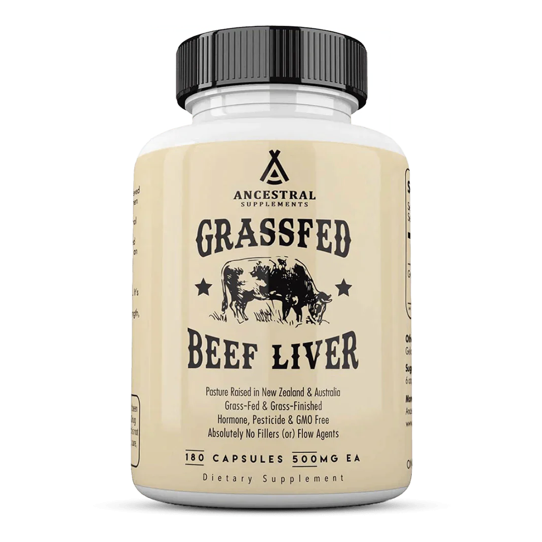 Front view of a Grass-Fed Beef Liver supplement bottle by Ancestral Supplements, featuring 180 capsules at 500 mg each, with details about being pasture-raised in New Zealand and Australia, grass-fed, grass-finished, hormone and GMO-free
