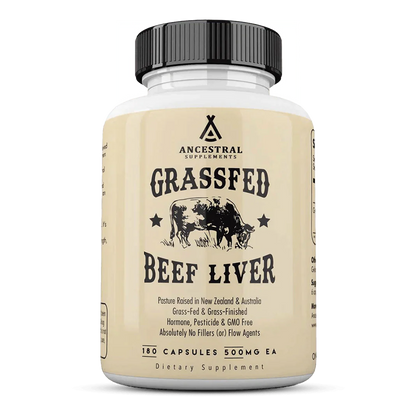 Front view of a Grass-Fed Beef Liver supplement bottle by Ancestral Supplements, featuring 180 capsules at 500 mg each, with details about being pasture-raised in New Zealand and Australia, grass-fed, grass-finished, hormone and GMO-free