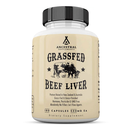 Front view of a Grass-Fed Beef Liver supplement bottle by Ancestral Supplements, featuring 180 capsules at 500 mg each, with details about being pasture-raised in New Zealand and Australia, grass-fed, grass-finished, hormone and GMO-free